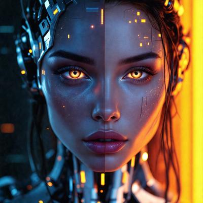 The primary subject of the image is a woman with glowing eyes, who appears to be a cyborg or a robotic character. She is wearing a futuristic outfit and has a mechanical look. The setting is a futuristic environment, possibly a cityscape, with a backdrop of buildings and neon lights. The visual style of the image is digital art, as it features a highly detailed and intricate design. The colors and mood of the image are predominantly dark and mysterious, with the glowing eyes adding a touch of intrigue and otherworldliness to the scene.